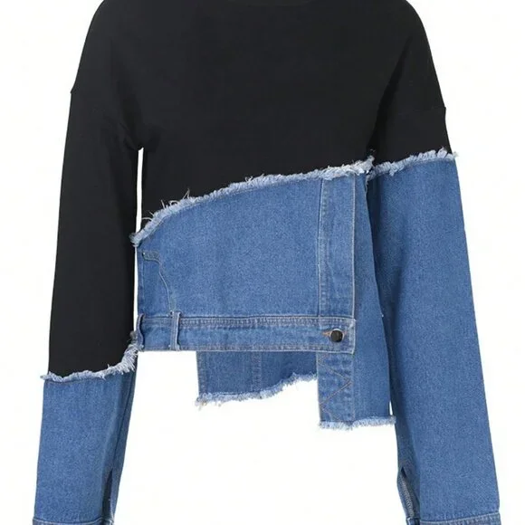 Black Casual Women's Valentine's Day Denim Patchwork Sweatshirt - Picture 5 of 9
